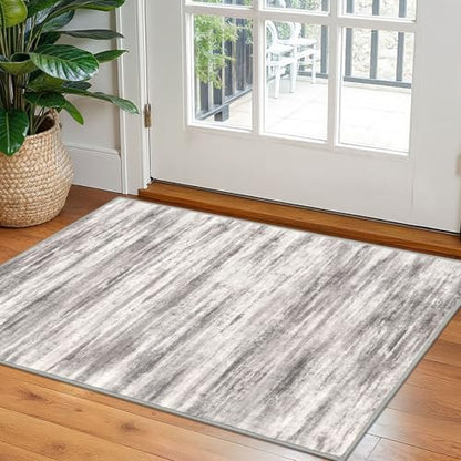 KOZYFLY Modern Abstract Small Area Rugs 2x3, Washable Kitchen Rug Non-Slip Soft Small Bathroom Rug, Grey/Light Beige/Brown Striped Entryway Rugs Abstract Print Faux Wool Doormat - color: Grey/Light Beige/Brown, size: 2' x 3' (Rectangular)