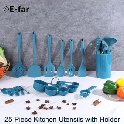 E-far Silicone Cooking Utensils Set, 25 Piece Kitchen Utensils with Holder, Non Toxic Kitchen Tools Spatula, Turner, Spoon, Ladle for Nonstick Cookware, Heat Resistant & Dishwasher Safe - Blue - color: Blue