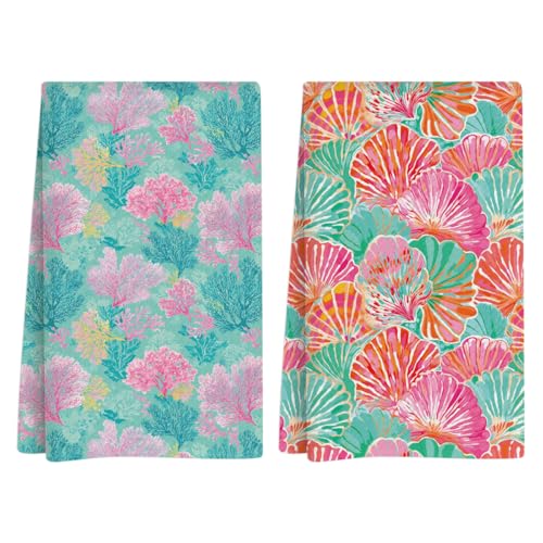 Summer Beach Kitchen Towels, Summer Kitchen Bathroom Decor, Housewarming Gifts, Coral Scallop Waffle Decorative Dish Hand Towel for Holiday Bathroom Home Bar Baking Set of 2 14x24 Inch - color: Coral Scallop