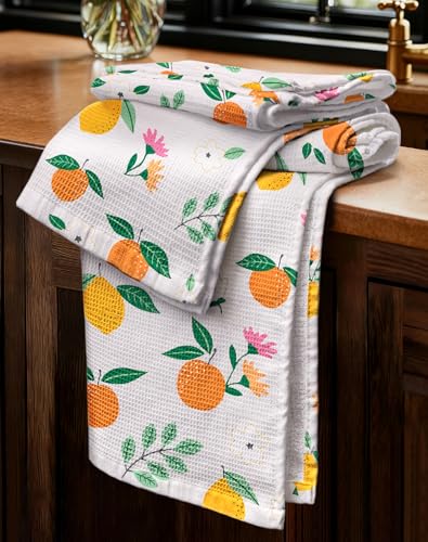 2pcs Cotton Waffle Kitchen Towels, Citrus | Waffle Weave, Terry Cloth, Pure Cotton, Sustainable, 16"x26", Highly Absorbent, with Hanging Loop, Giftable Package - color: Citrus