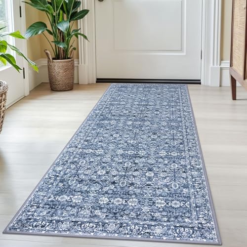 SIILOOM 2x5 Washable Runner Rug, Non Slip Soft Area Rug for Hallway Kitchen | Blue/White Vintage Door Mat Indoor Floor Carpet for Entryway Front Backdoor Laundry Bedside - color: Blue/White, size: 2' x 5' (Runner)