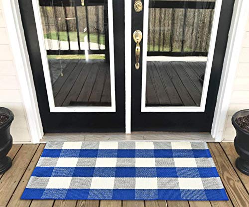 LEVINIS Cotton Farmhouse Blue Buffalo Plaid Rugs- Washable Buffalo Check Area Rugs for Kitchen/Bathroom/Laundry Room/Entry Way, 23.6'' x 51.2'' - color: Blue and White Plaid, size: 1'11" x 4'3" (Rectangular)