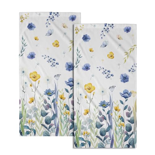 Blue Yellow Floral Hand Towels 2 PCS，Watercolor Poppy Flowers Botanical Leaves Kitchen Dish Towel Spring Summer Decor Washcloth for Bathroom Home Spa Gift 14.4 x 28.3 Inch - color: Blue Yellow Floral