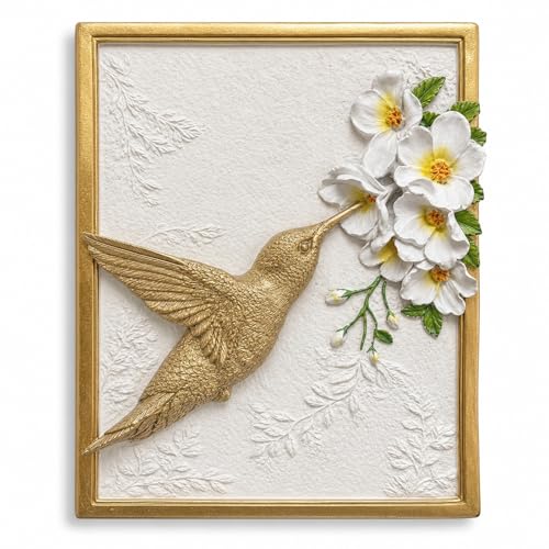 Framed 3D Hummingbird Wall Decor – Vintage Gold Animal Wall Sculpture for Living Room, Wall Art Decor for Home, Office, Entryway, Elegant Animal Head Wall Decor