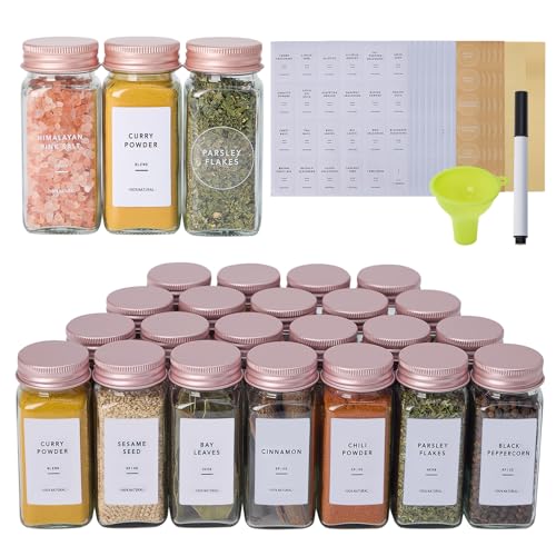 48 Pcs Glass Spice Jars with Labels, Seasoning Containers with Pink Lids | Airtight spice bottles Keep Fresh,4oz Spice Containers with Shaker Lids, Funnel for Spice Rack,Kitchen Spice Drawer Organizer