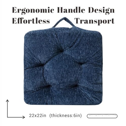 Floor Cushion Pillow, Portable Large | Meditation Adult Sitting Pillow with Handle for Tatami, Living Room & Yoga (1, Square, Dark Blue, 22 x 22 x 6 inches) - color: Square, Dark Blue