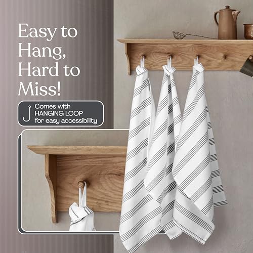 Black Stripe Kitchen Towels (12 Pack), 100% Cotton, Multi Pin Striped Towel Set, Super Absorbent & Durable Dishcloths, Quick Dry Fabric for Drying Dishes, Everyday Kitchen Cleaning - color: Black, style: 12 Pack