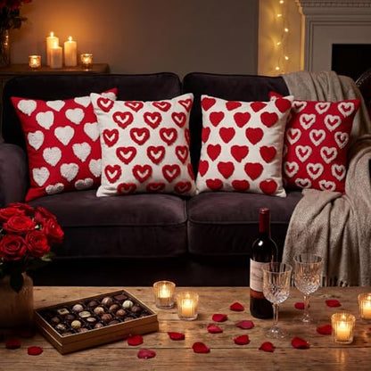 Fourluoo 4 Pcs Valentine's Day Throw Pillow Covers 18x18 Inch Soft Heart Decorative Pillowcase Plush White Red Soft Plush Pillow Covers Cushion Case Decorations for Sofa Living Room Valentine Gift - style: Heart