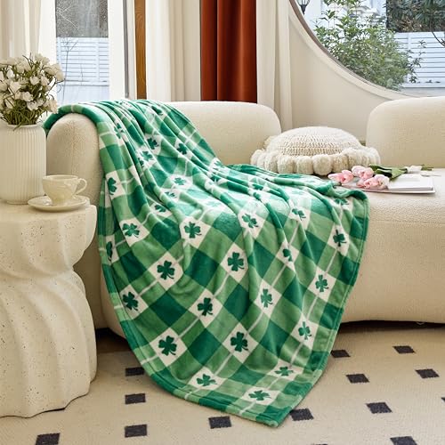Elegant Comfort Luxury Velvet Super Soft Irish Green Clover Shamrock Print Fleece Blanket-St Patricks Day Theme Décor Fuzzy Warm and Cozy Throws for Couch and Gift, 50 x 60 inch, Lucky Plaid Clover - color: Lucky Plaid Clover, size: 50 in x 60 in