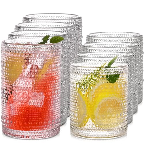 Vintage Hobnail Drinking Glasses Set of 8, 15 oz Highball Glasses & 12 oz Cocktail Glasses, Drinkware Kitchen Glasses for Cocktail, Iced Coffee, Beer, Ice Tea, Wine, Whiskey, Water - color: Clear