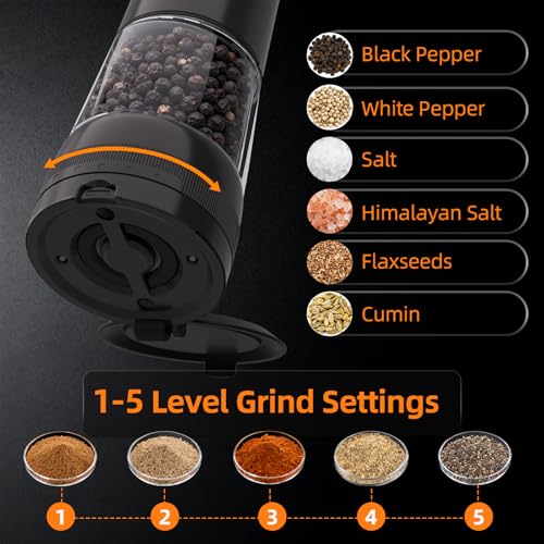 Electric Salt and Pepper Grinder, Rechargeable Automatic Pepper Mill with Base,5-Level Adjustable Coarseness, Display, LED Lighting, Large Capacity-Ideal for Kitchen, BBQ Gifts (1, Black-A) - color: Black-A