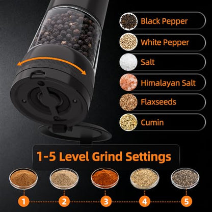 Electric Salt and Pepper Grinder, Rechargeable Automatic Pepper Mill with Base,5-Level Adjustable Coarseness, Display, LED Lighting, Large Capacity-Ideal for Kitchen, BBQ Gifts (1, Black-A) - color: Black-A
