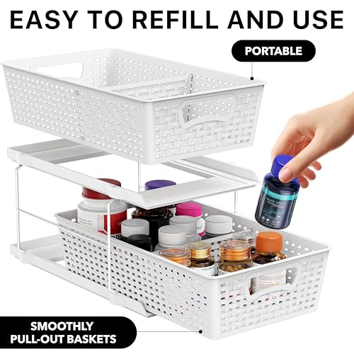 Simple Houseware 2 Tier Pull-Out Sliding Drawer Under Sink Storage, White | Great for Kitchen Bathroom Tray Shelf Organizer - color: White