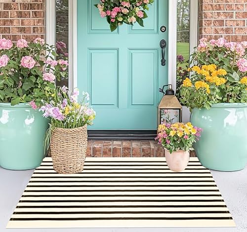 Black and Beige 2x3ft Outdoor Doormat Washable Striped Cotton Layered Rug | Hand-Woven Farmhouse Door Mats Outdoor Combined With Hello Welcome Mat - color: Beige Black, size: 2' x 3' (Rectangular)