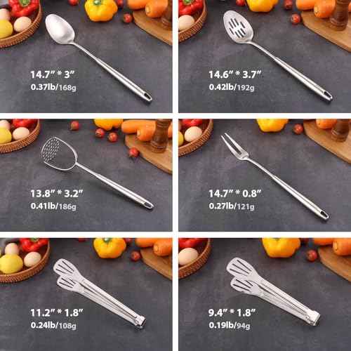 18/10 Stainless Steel Kitchen Utensils Set - 12 PCS All Metal Cooking Tools | 15″ Cooking Utensils - Potato Masher, Meat Fork, Tongs, Turner, Pasta, Serving Spoon, Skimmer, Ladle, Spatula Spoon Set - color: 12-Pieces