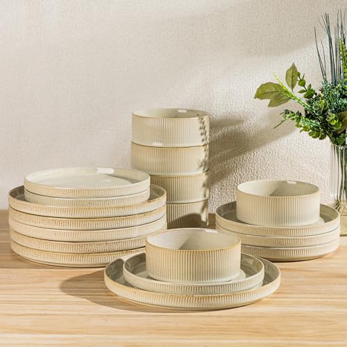 Ceramic Dinnerware Set for 6, 18-Piece Plates and Bowls Set | Lightweight Porcelain Dish Set, Scratch Resistant, Oven & Microwave & Dishwasher Safe, Cappuccino - color: Cappuccino, size: Set (18pcs)