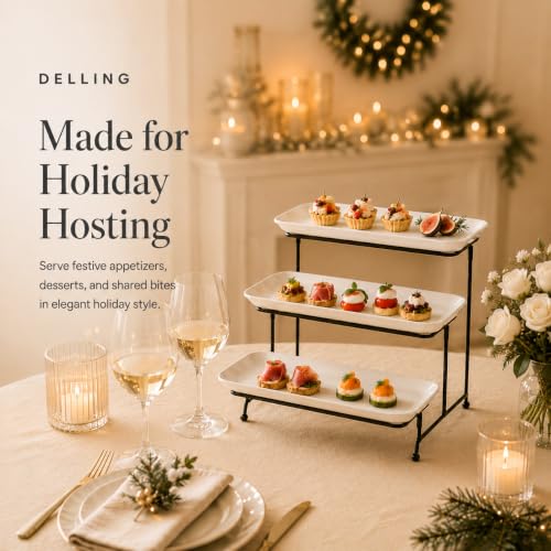 DELLING 3 Tier Serving Tray for Dessert Table Display, 12 Inch Porcelain Tiered Serving Stand - White Serving Platters for Party Entertaining, Collapsible Stand for Baby Shower Birthday Wedding - size: 12 Inch
