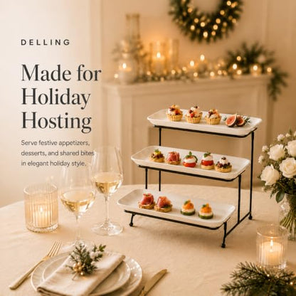 DELLING 3 Tier Serving Tray for Dessert Table Display, 12 Inch Porcelain Tiered Serving Stand - White Serving Platters for Party Entertaining, Collapsible Stand for Baby Shower Birthday Wedding - size: 12 Inch