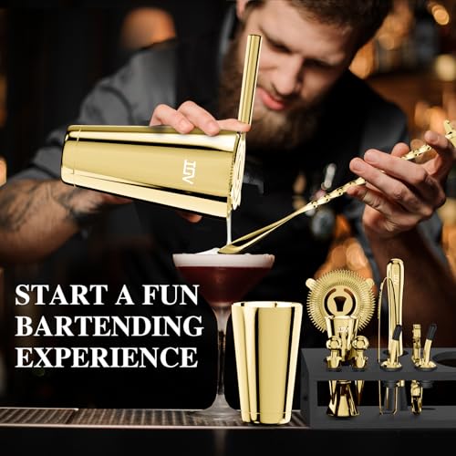 IOV Cocktail Shaker Set: 12-Piece Mixology Bartender Kit Bar Set | 16oz & 28oz Boston Shaker Drink Mixing Tools for Home with Recipe Booklet and Stand | Fun Housewarming Gift (Gold) - color: 12 Pcs - Gold