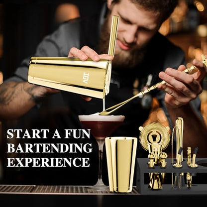 IOV Cocktail Shaker Set: 12-Piece Mixology Bartender Kit Bar Set | 16oz & 28oz Boston Shaker Drink Mixing Tools for Home with Recipe Booklet and Stand | Fun Housewarming Gift (Gold) - color: 12 Pcs - Gold