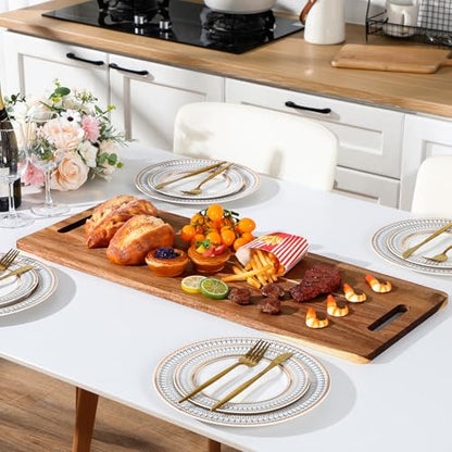 2 Pcs Acacia Wooden Charcuterie Boards Acacia Serving Board with Handle Rectangular Hollow Handle Wood Tray Wooden Serving Platter Wood Server for Cheese Food(30 x 12 Inch) - size: 30 x 12 Inch