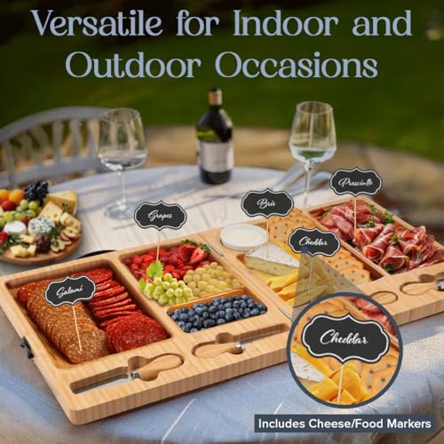 Charcuterie Boards Set, Large Bamboo Cheese Board | Charcuterie Accessories, Wooden Cheese Platter, Foldable, House Warming Gifts, New Home, Wedding Gifts - color: Luxe Set (Blue)