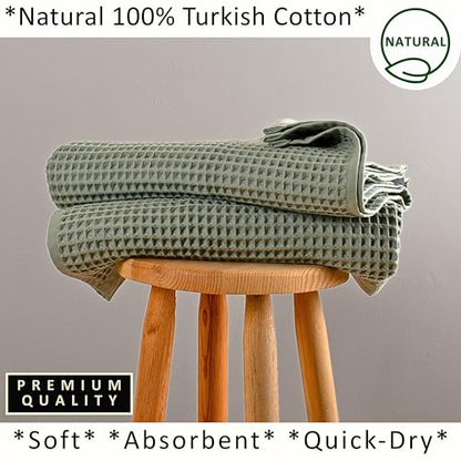 PÜSKÜL 2-Piece Natural 100% Turkish Cotton Waffle Bath Towels Extra-Large | Sage Green 32x63" Bath Sheet Towel, Light Soft Absorbent Quick-Dry Lint-Free Premium Honeycomb Weave Oeko-Tex Made in Turkiye - color: Sage Green