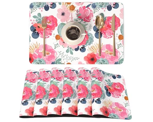 QIYI PU Leather Placemats Set of 4, 12"x18" Waterproof Table Mats, Peonies | Faux Leather, Heat Resistant, Anti Slip, Wipeable Place Mats for Kitchen Dinning, Party Table Décor, Watercolor Pink Flowers - color: Watercolor Pink Flowers, size: Set of 6
