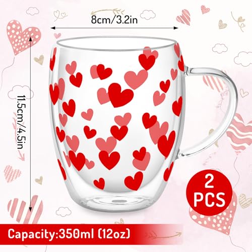 JarThenaAMCS Valentine' s Day Double Wall Glass Coffee Mugs Insulated Glasses 12Oz Red Heart Clear Espresso Cups with Handle for Home Holiday Supplies, Set of 2 - style: Red Heart