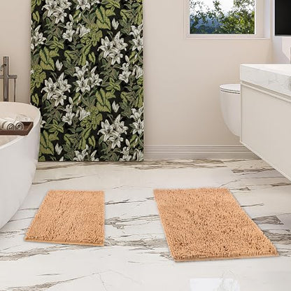 Chenille Bathroom Rugs Set 2 Piece, Absorbent Bath Rugs, Non-Slip Bath Mats, Machine Washable Rugs for Bathroom Floor, Tub and Shower, Beige (20 × 30 Plus 17 ×24 - Inch) - color: Beige