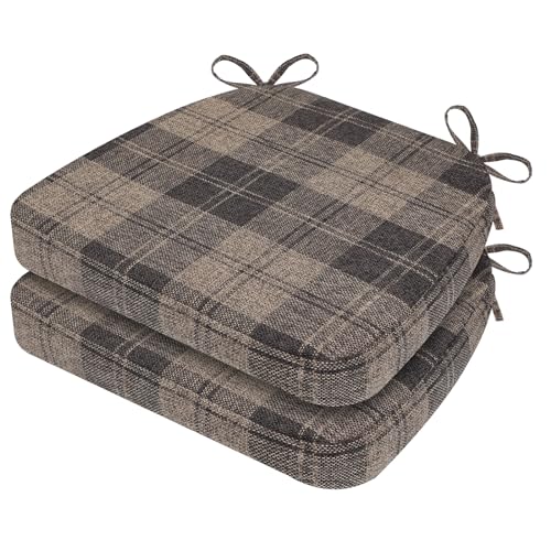 AAAAAcessories D-Shaped Chair Cushions, 2" Thick Dining Chair Pads with Ties and Removable, Machine-Washable Cover, 17" x 16", Set of 2, Brown Checkered - color: Brown Checkered, size: 2 Count(Pack of 1)