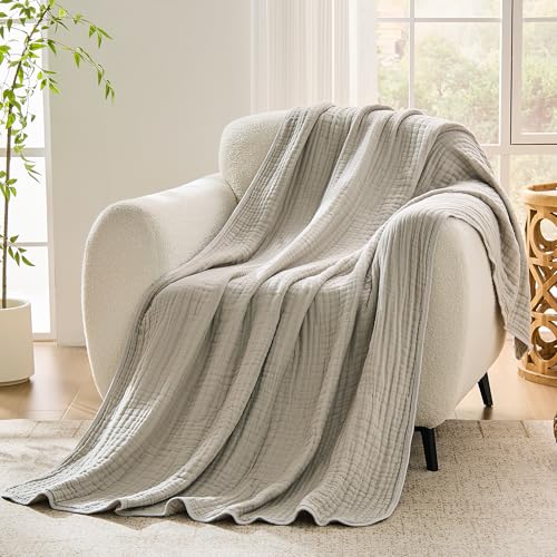 VANJOROY 9-Layer Muslin Throw Blanket Twin 60" x 80" Light Grey, 100% Cotton Organic Breathable Lightweight Large Throw for Couch Bed Quilt and Bedspread - All Season Muslin Soft Gauze Blanket - color: Light Grey, size: Twin (60" x 80")