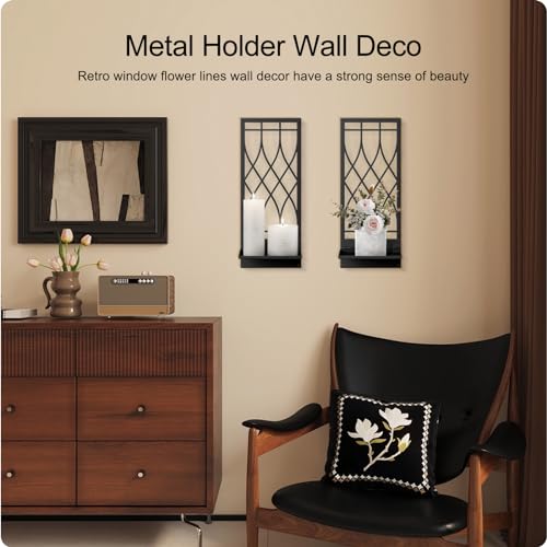 Wall Candle Holder, Black Metal Wall Art, Line Wall Candle Holder for Living Room, Dining Room, Bedroom, Bathroom (2 Pack, 16.5 x 7 in) - color: Black Elegant