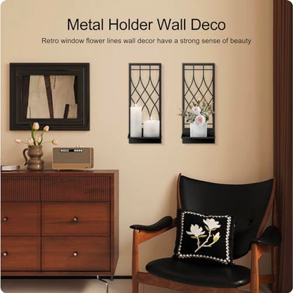 Wall Candle Holder, Black Metal Wall Art, Line Wall Candle Holder for Living Room, Dining Room, Bedroom, Bathroom (2 Pack, 16.5 x 7 in) - color: Black Elegant