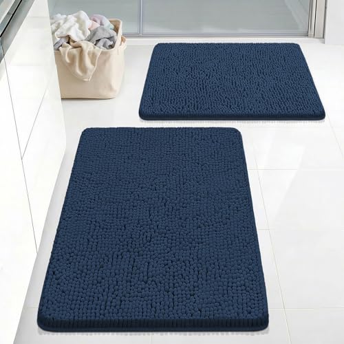 Bcoimo Bath Rug Mat Sets, 2 Piece High Absorbent Chenille Bathroom Mat Navy | Non Slip with Rubber Backing Bathroom Rugs set; Machine Washable;Extra Soft Bath Rug;High Absorbent、Quick Dry Microfiber mat - color: Navy, size: 30×20 Plus 24×17