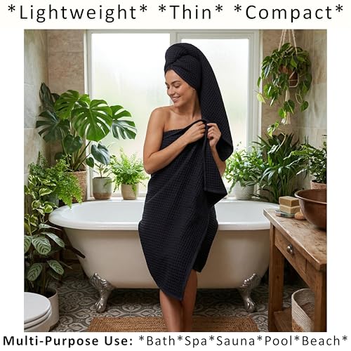PÜSKÜL 2-Piece Natural 100% Turkish Cotton Waffle Bath Towels Extra-Large | Black, 32x63" Bath Sheet Towel, Light Soft Absorbent Quick-Dry Lint-Free Premium Honeycomb Weave Oeko-Tex Made in Turkiye - color: Black