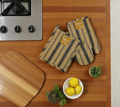 Decorative Kitchen Pot Holders Black Beige Ginham Striped 2 pc Set: (1) Oven Mitt and One (1) Pot Holder