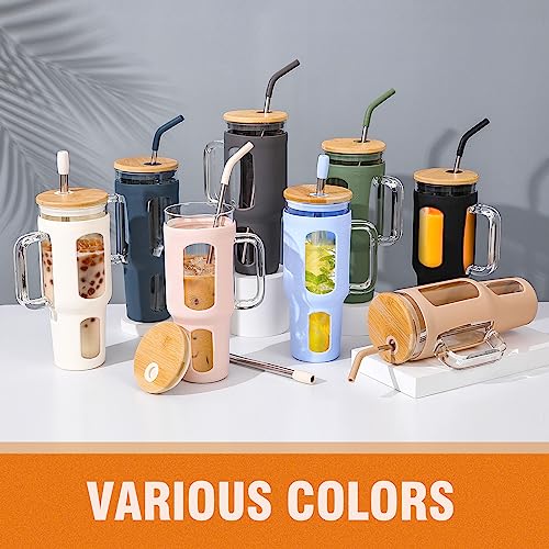 WINSA Glass Tumbler with Lid and Straw, Grey, 46 oz | Iced Coffee Cup with Handle, Large Water Bottle with Silicone Sleeve, Pearl Straw & Drinking Straw, BPA Free - color: Gray, size: 46 Ounces