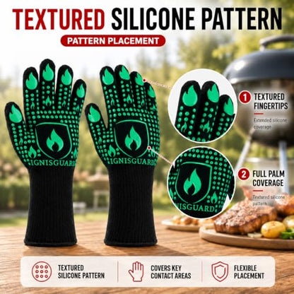 IGNISGUARD® BBQ Gloves, Heat Resistant Grill Gloves, 1 Pair, Green (L) | EN407:2020 tested with textured silicone grip, three-layer construction and long knit cuff for added wrist coverage. - color: Green, size: Large