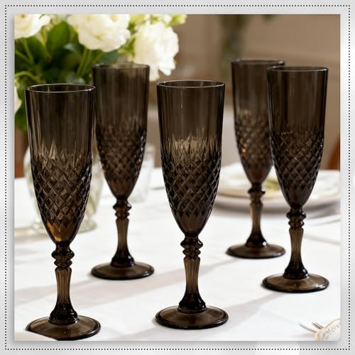12 Pack Plastic Champagne Flutes, Black Reusable Champagne Glass | Unbreakable Hard Plastic Mimosa Cups Bulk with Stem, Fancy Stemware for Wedding, Party & NYE Celebration - color: Black