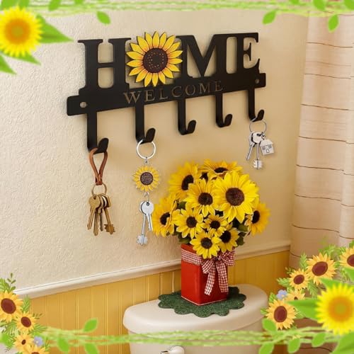 Key Holder Wall Mount Sunflower Metal Key Hooks Organizer Hanger Coat Rack with 5 Hooks Rustic Farmhouse Decorative Welcome Home Wall Decor for Entryway Bathroom Hallway Living Room 9.8 Inch - style: Sunflower