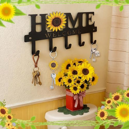 Key Holder Wall Mount Sunflower Metal Key Hooks Organizer Hanger Coat Rack with 5 Hooks Rustic Farmhouse Decorative Welcome Home Wall Decor for Entryway Bathroom Hallway Living Room 9.8 Inch - style: Sunflower