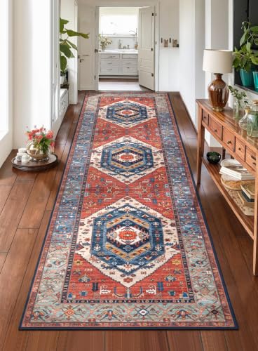 SERISSA 2'6"x8' Washable Non Slip Boho Runner Rug for Hallway，Rust | Ultra Soft Vintage Oriental Carpet Low-Pile Tribal Floor Carpet for Kitchen Bedroom Bathroom Laundry Room - color: Rust/Multi, size: 2'6" x 8' (Runner)