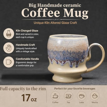 17oz Big Unique Handmade Pottery Coffee Mug with Comfortable Big handle, Reactive Glaze Ceramic Coffee Mug, Artisanal Stoneware Tea Mug,Lead-free Clay, Microwave and Dishwasher safe (White and Blue) - color: White and Blue