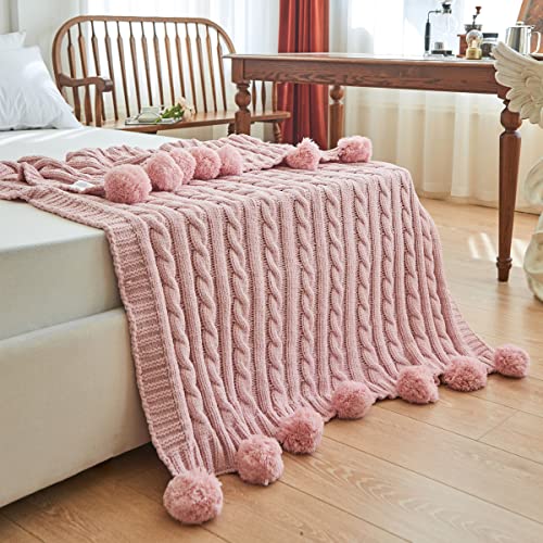 Chenille Chunky Knitted Throw Blanket with 14 pcs Pom Poms Tassel Super Soft Cozy Warm Blanket for Sofa Bed Soft Couch 50 x60 inches (Pink)?-¡­ - color: Pom-pom-pink, size: Throw 50"X60"