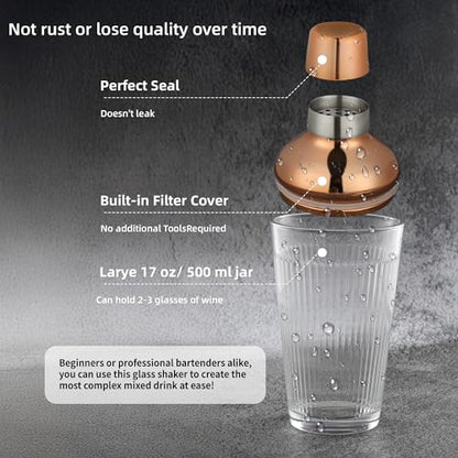 Glass Cocktail Shaker, 17oz Leak-Proof Martini Shaker with Built-in Strainer, Thick Ribbed Drink Shaker Bar Tool for Home Bartending and Aesthetics, Rose Gold - color: RoseGold