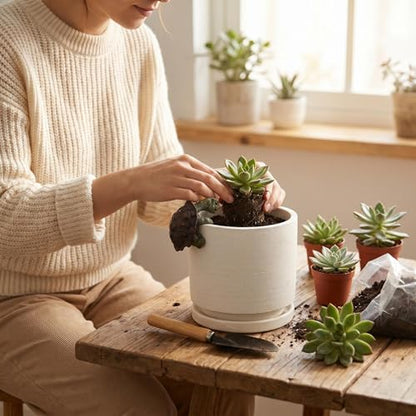 Nihow Ceramic Plant Pot with Resin Figure/Drainage Hole & Saucer,5.7 Inch | White, Cylinder Planters, Art Modem Design, Home Garden Patio Office - color: White+rt, size: 5.7 Inch