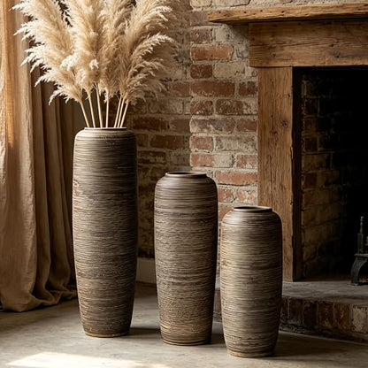 Brown Rustic Ceramic Floor Vase, 19.7 Inch, Ribbed Texture | Living Room, Entryway, Fireplace, Pampas Grass, Dried Branches - size: 19.7 Inch