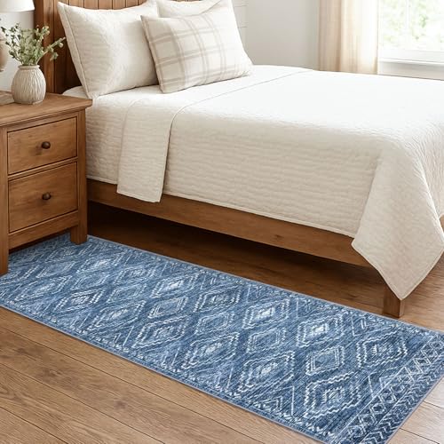 KILOCOCO Washable Runner Rug 2x7 ft Hallway Runners, Stonewashed Blue | Low-Pile Entryway Runners, Rubber Backed Runner Rug, Printed Kitchen Runner Rug, Soft Geometric Rugs for Hall Living Room - color: Stonewashed Blue, size: 2' x 7' (Runner)