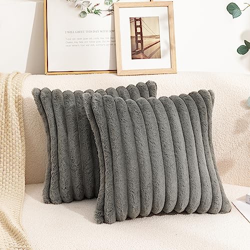 Uhomy Set of 2 Faux Fur Home Decorative Throw Pillow Cover Luxury Super Soft Fuzzy Striped Furry Pillowcase for Sofa Couch Bedroom Comfy Thick Fluffy Plush Cushion Cover 18x18 Inch 45 cm Grey - color: Grey, size: 18" x 18" (Pack of 2)